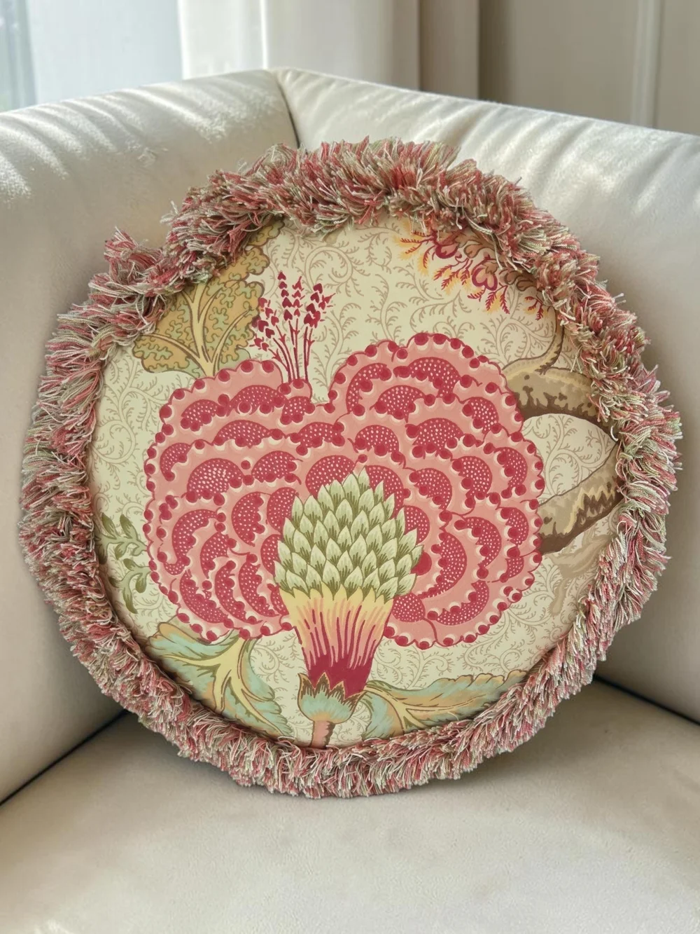 Rose Tree Summerton Jacobean Floral Tambourine Round Fringe Pillow.